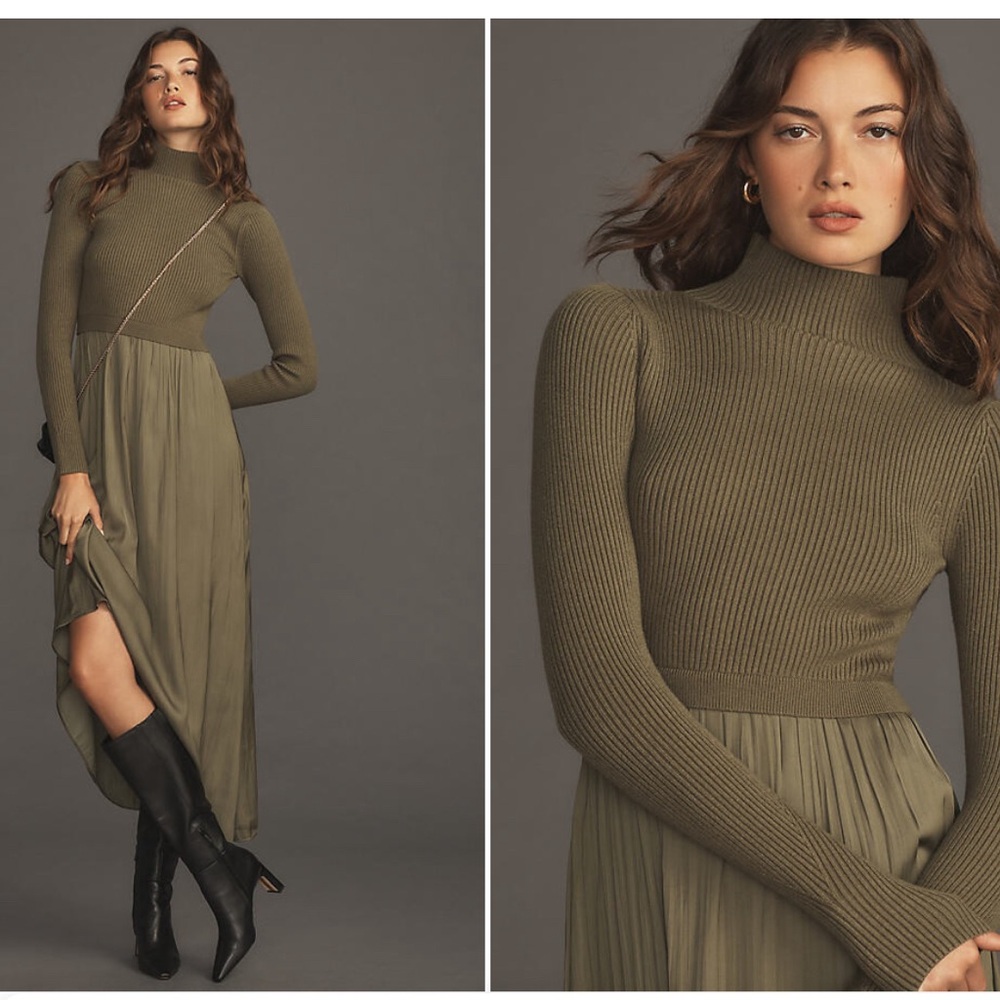 Anthropologie The Thea Twofer Sweater Dress in Olive Green XXS